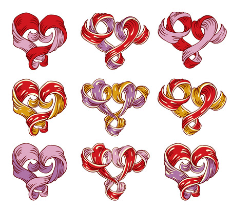 Ribbon created hand drawn vintage hearts setのイラスト素材