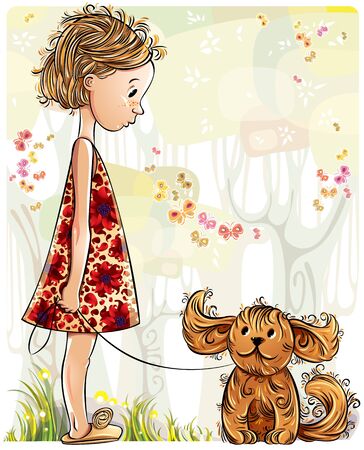 Little girl with puppy in the parkのイラスト素材