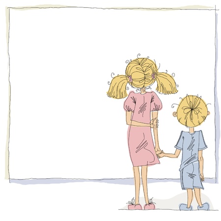 Girl and boy looking at blank board.のイラスト素材