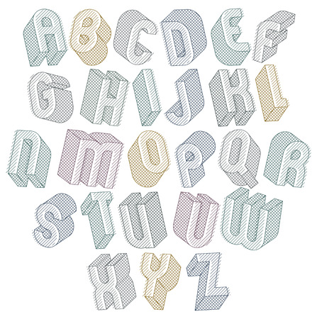 3d font with lines textures, simple shaped bold letters alphabet made with round shapes, great font for design, advertising, web and headlines.のイラスト素材
