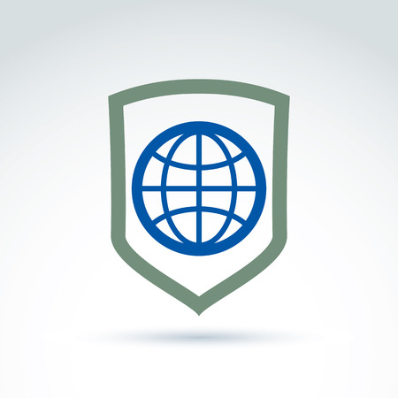 Blue planet placed on a shield, save earth conceptual symbol. Ecology vector icon on universe protection theme.のイラスト素材