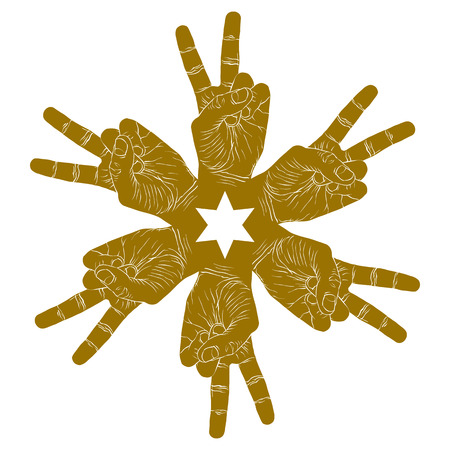 Six victory hands abstract symbol with hexagonal star, vector special emblem with human hands.のイラスト素材