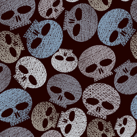Skulls seamless pattern, horror and hard rock theme repeating background, vector, hand drawn lines textures used.のイラスト素材