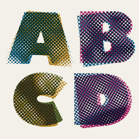 Halftone dots font, dirty grunge color pixels print texture letters, vector alphabet, letters A B C D.のイラスト素材