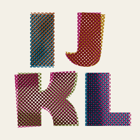 Halftone dots font, dirty grunge color pixels print texture letters, vector alphabet, letters I J K L.のイラスト素材