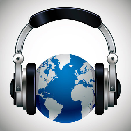 Earth with headphones isolated on white background, music concept, vector icon.のイラスト素材