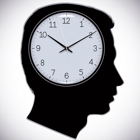 Male head silhouette with watch instead of brains, vector.のイラスト素材