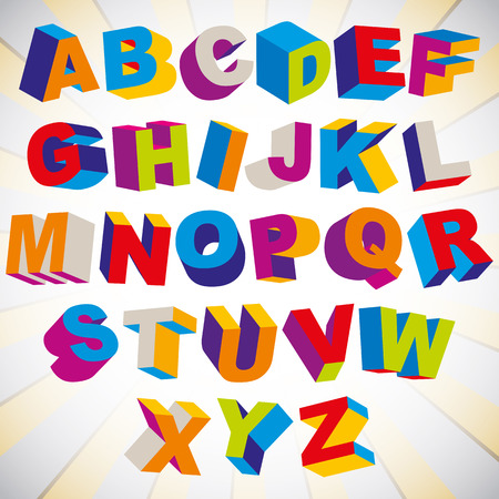 3D font, bold psychedelic colorful alphabet, vector.のイラスト素材