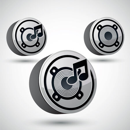 Speaker icon isolated, 3d vector music theme design element, 3 versions set.のイラスト素材