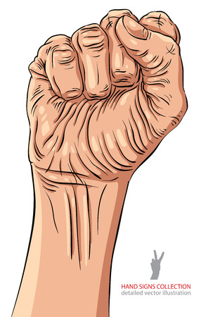 Clenched fist held high in protest hand sign, detailed vector illustration.のイラスト素材