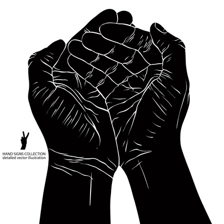 Cupped empty hands with place for some small object, detailed black and white vector illustration.のイラスト素材