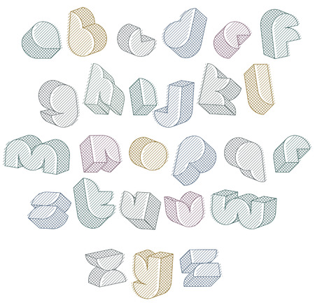 3d futuristic font with lines textures, simple shaped letters alphabet made with round shapes のイラスト素材
