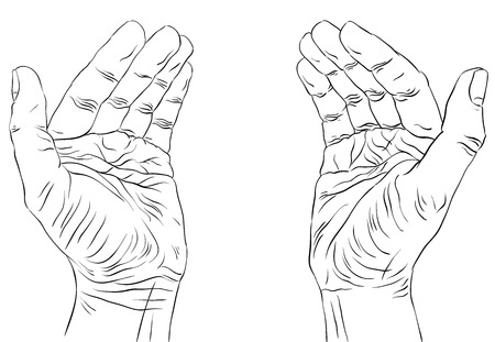 Protecting empty hands with place for some small object, detailed black and white lines vector illustration, hand drawn.のイラスト素材