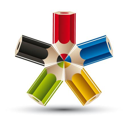 Creative icon with five pencils of different colors isolated on white background, vector.のイラスト素材