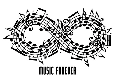 Forever music concept black and white design, infinity symbol made with musical notes and treble clefのイラスト素材