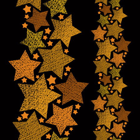 Golden stars seamless pattern, vertical composition, vector repeating background with hand drawn lines textures.のイラスト素材