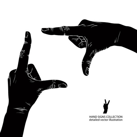 Hands shaped in viewfinder, detailed black and white vector illustration.のイラスト素材