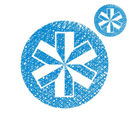 Blue-white snowflake vector simple single color icon isolated on white background with sketch lined hand drawn texture.のイラスト素材