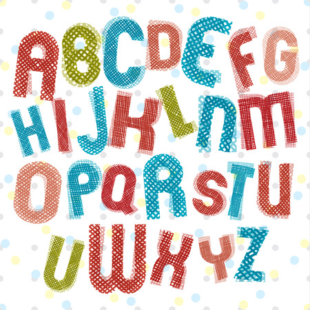 Childish alphabet, children style colorful letters with hand drawn lines texturesのイラスト素材