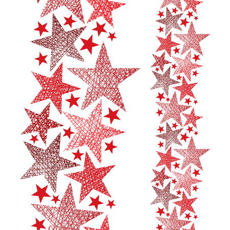 Red stars seamless pattern, vertical composition, vector repeating background with hand drawn lines textures.のイラスト素材
