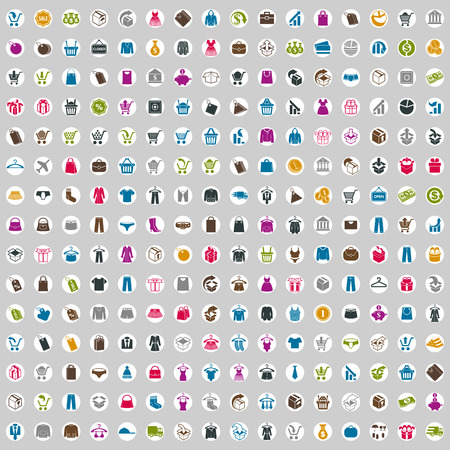 240  shopping icons set, includes money icons, clothes icons, packaging icons, gift box, bags, carts, vector signs collection.のイラスト素材