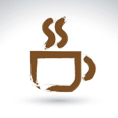 Hand drawn coffee cup icon, brush drawing cafe sign, vector illustration of a hand-painted teacup symbol isolated on white background.のイラスト素材