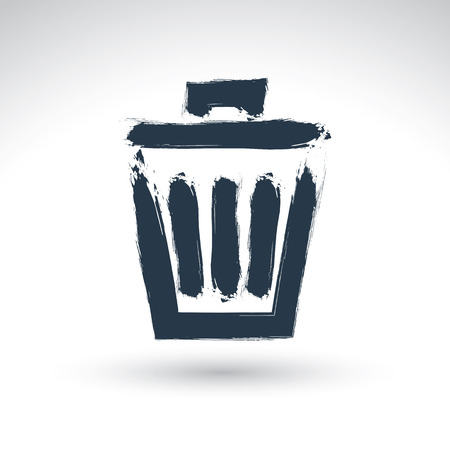 Hand-painted simple vector trash can icon isolated on white background, metallic dustbin symbol, created with real hand drawn ink brush scanned and vectorized. のイラスト素材