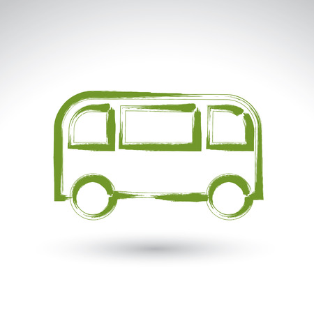 Hand drawn green bus icon, illustrated brush drawing passenger bus sign, hand-painted automobile isolated on white background.のイラスト素材