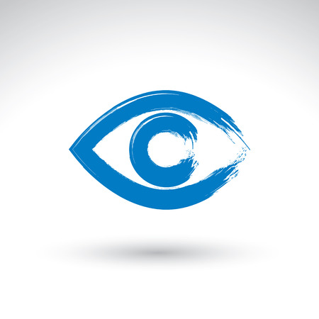Hand drawn human eye icon, brush drawing blue medicine sign, original hand-painted eye isolated on white background.のイラスト素材