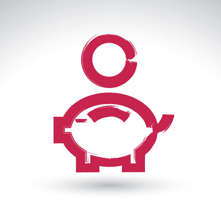 Hand drawn pink piggybank icon, brush drawing coin bank sign, hand-painted simple piggy isolated on white background.のイラスト素材