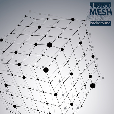 Contemporary techno black and white stylish backdrop with symmetric square construction, abstract dimensional background with connected lines.のイラスト素材