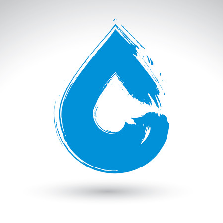 Hand painted blue water drop icon isolated on white background, simple natural drop symbol created with real ink hand drawn brush scanned and vectorized, spa and resort sign. のイラスト素材