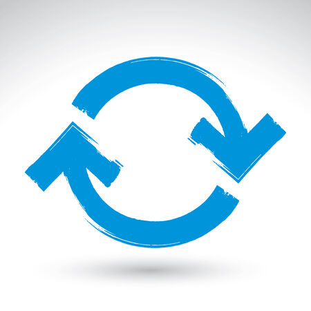 Hand-painted blue update sign isolated on white background, simple hand drawn repeat navigation icon. Brush drawing refresh multimedia symbol.のイラスト素材