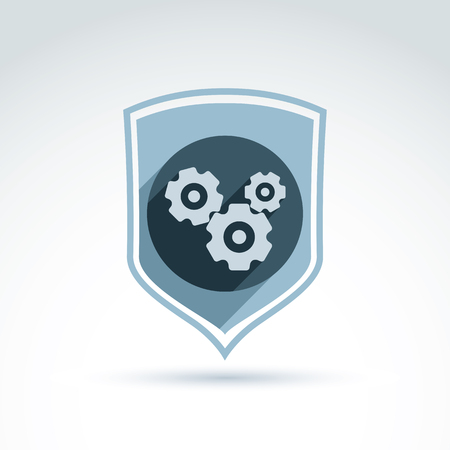 Gears and cogs system theme icon, with protection shield, system work defending and safety, vector conceptual stylish symbol for your design.のイラスト素材