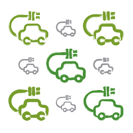 Set of hand-drawn green eco car icons, collection of illustrated brush drawing electric powered cars, hand-painted ecology automobiles isolated on white background.のイラスト素材