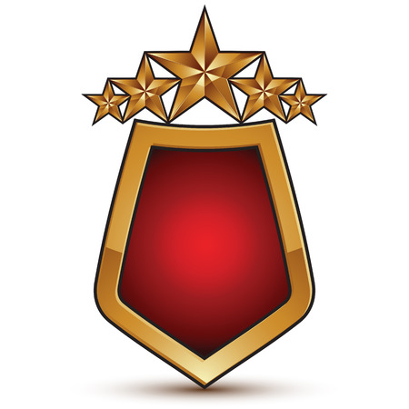 Heraldic vector template with five pentagonal golden stars, dimensional royal geometric shield shaped medallion with red filling isolated on white background.のイラスト素材