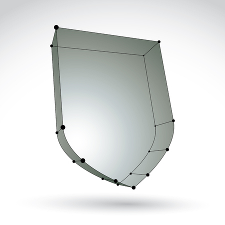 3d mesh web monochrome security icon isolated on white background, black and white lattice shield symbol, dimensional tech protection object illustration, single color perspective antivirus icon.のイラスト素材