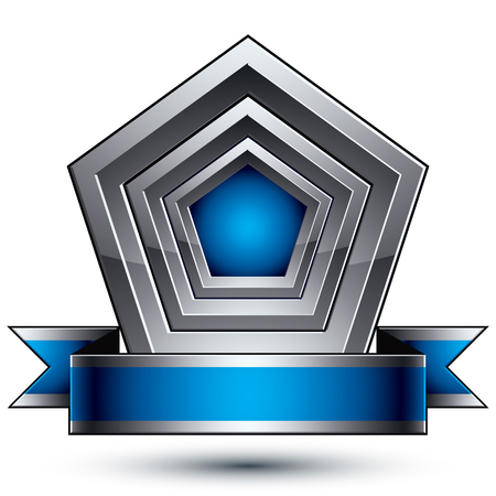 Vector glorious glossy design element, luxury 3d illustration, conceptual complicated graphic shield template with festive strip,  decorative medallion. Protection theme.のイラスト素材