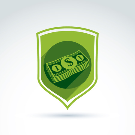 Vector shield with a bundle of money, one dollar notes. Finance security theme. Banking service concept.のイラスト素材