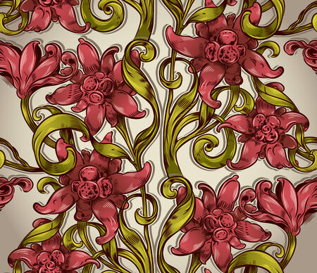 Seamless floral pattern with flowers leaves and branches, Victorian style vector repeat background.のイラスト素材
