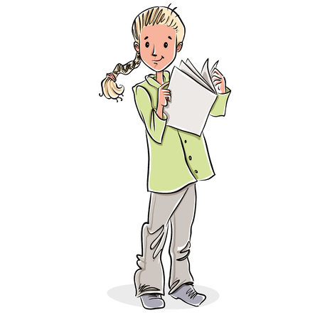 Cute little girl reading magazine, vector illustration.のイラスト素材