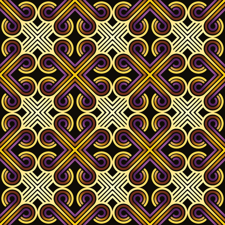 Vintage tiles with curly and crossed lines seamless pattern, vector background.のイラスト素材