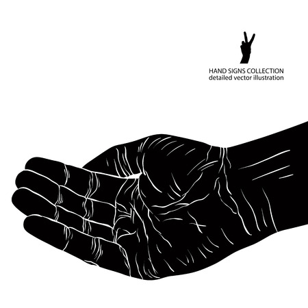 Begging hand, detailed black and white vector illustration.のイラスト素材