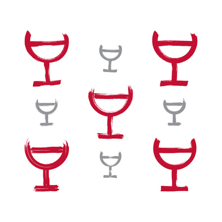 Set of hand-drawn simple half full wineglasses, collection of brush drawing goblet icons, hand-painted glass of red wine isolated on white background.のイラスト素材