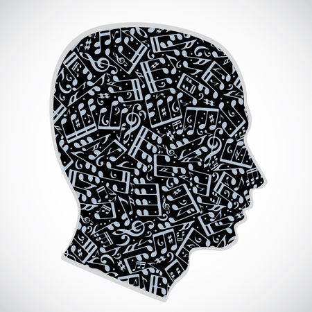 Vector silhouette of a head filled with musical notes and symbols on white background.のイラスト素材