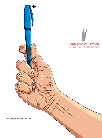 Hand holding pen, illustration is editable so you can put any object in the hand, detailed vector drawing.のイラスト素材