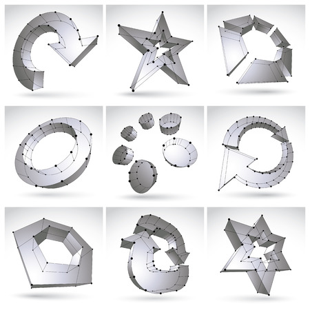 Set of 3d mesh single color abstract objects isolated on white background, collection of black and white stylish geometric icons, dimensional tech symbols with black lines, clear eps 8 vector illustration. Monochrome stars, arrows, abstract elements and rのイラスト素材