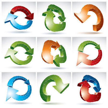 Set of 3d mesh trendy update icons isolated on white background, elegant lattice colorful renew signs, glossy dimensional tech refresh symbols with white connected lines, clear eps 8 vector illustrations.のイラスト素材