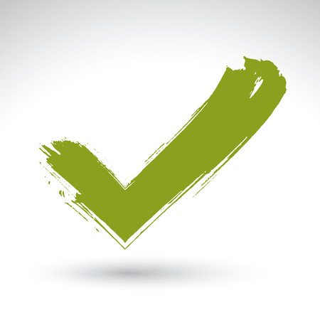 Hand drawn validation icon scanned and vectorized, brush drawing green checkmark, hand-painted navigation symbol isolated on white background.のイラスト素材