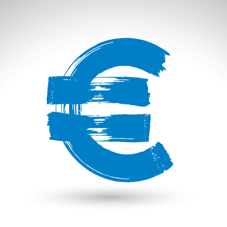 Hand-painted blue Euro icon isolated on white background, European currency symbol created with real ink hand drawn brush scanned and vectorized.のイラスト素材
